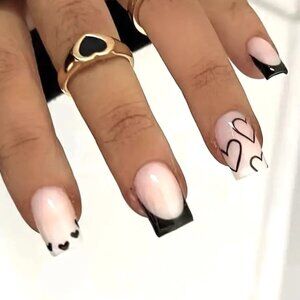 Nails Black Tip Hearts Press On Style 24 Kit Glam Manicure Sexy Vacation Trendy